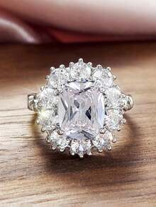 1pc Fashionable Square Cubic Zirconia Ring For Women, Suitable For Wedding, Engagement Party, Valentine's Day Gift - Silver - View 4