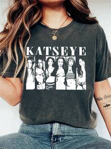 Kpop Graphics Tee, Kpop Fan Merch, Women's Casual Round Neck Short Sleeve T-Shirt For Music Festival, Spring And Summer Outfit - Dark Grey - View 1