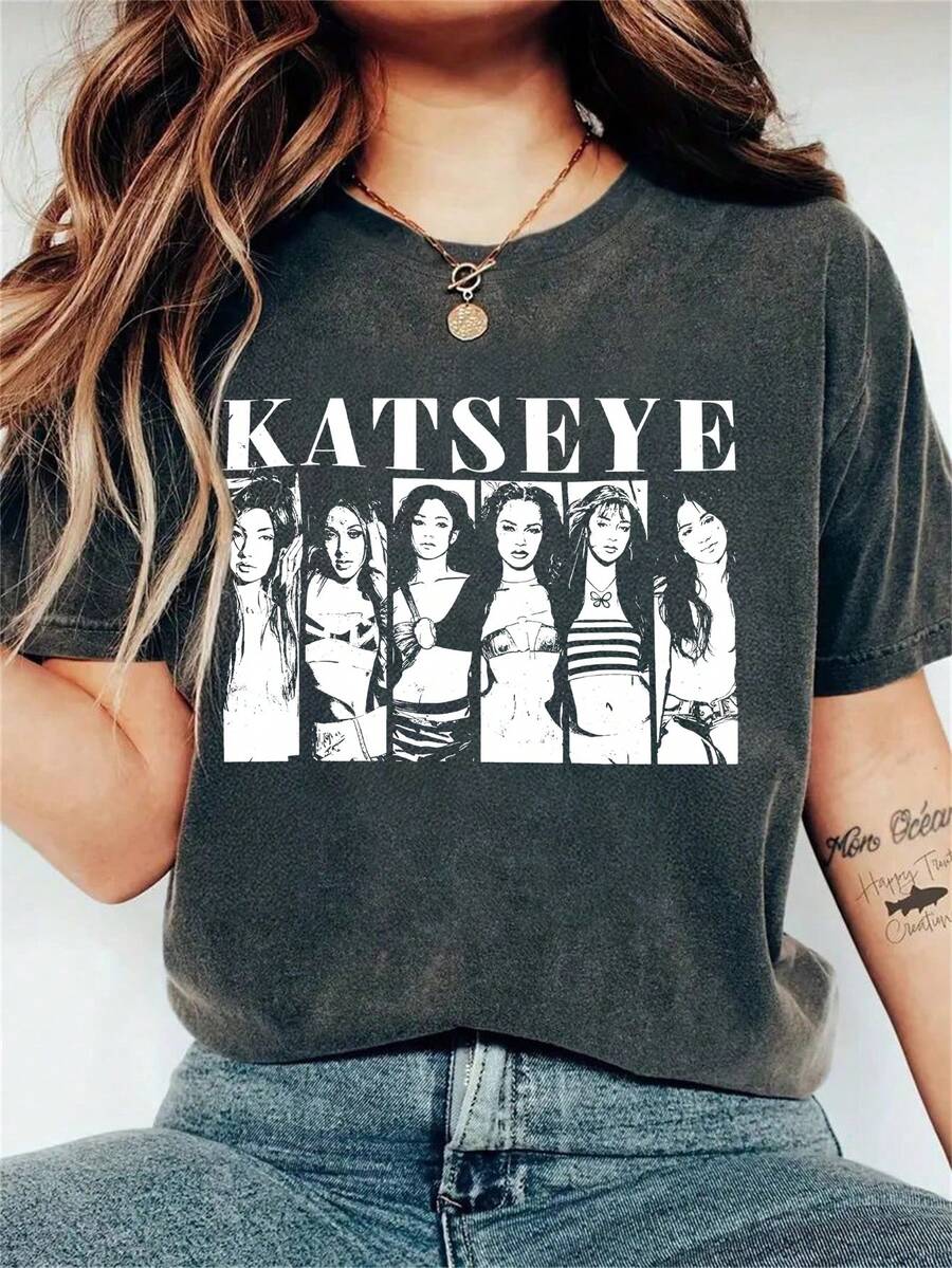 Kpop Graphics Tee, Kpop Fan Merch, Women's Casual Round Neck Short Sleeve T-Shirt For Music Festival, Spring And Summer Outfit - Dark Grey - View 1