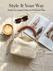 Burberry 1pc White Linen Cosmetic Storage Bag, With Top Handle, Size 22*10*12.5cm, Portable Toiletry Bag, Multi-Functional For Daily Use, Travel, Home Organization - White - View 2