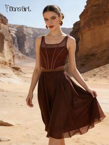 DonsGirl 1pc Women's Elegant Flowing Chiffon Tutu Skirt, Mid-Length Elastic Waist Ballet Princess Party Cosplay Performance Dance Costume - Coffee Brown - View 6