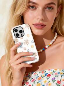 1pc Summer Hawaii Vacation Style Palm Tree, Hibiscus Flower, Seashell & Wave Pattern Glossy 2-In-1 Soft Film Hard Phone Case For Samsung/ 11/12/13/14/15/16/17 Pro Max - Multicolor - View 3