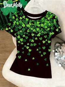 DEAR MOLLY Women's St. Patrick's Day Clover Print Round Neck Short Sleeve T-Shirt, Holiday, Casual Everyday Wear, Party Attire, Great Gift For Her On Valentine's Day - Multicolor - View 2