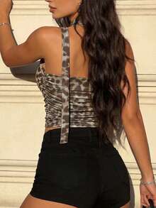 Vexica Women's Sexy Leopard Print Off Shoulder Tube Top, Slim Fit Ruched Bandeau Crop Top For Night Out Party Date Night Going Out Daily. - Khaki - View 2