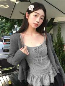 2件套女士波点蝴蝶结吊带背心和开衫套装 - 灰色 - 查看 3