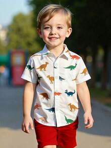 2 Stücke Jungen Dinosaurier Muster Kurzarm Hemd und Shorts Set, bequemer lässiger Sommer Outfit - Rot - Übersicht 4