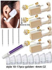 17 pièces/set Kit de perçage d'oreilles jetable et stérile, comprenant 4 pistolets de perçage d'oreilles, 4 tampons de nettoyage d'oreilles, 8 couvercles de protection d'oreilles jetables et imperméables, et 1 stylo de marquage. Convient pour le perçage d'oreilles personnel ou professionnel - Multicolore - Voir 10