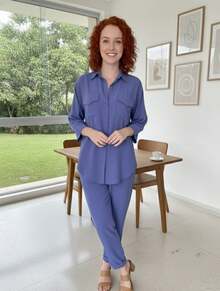 Women's Set: Pants And Shirt With Elastic Waistband, Comfortable, Casual, And Stylish For Everyday Wear. - 霧霾藍 - 查看 3