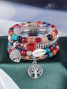 4pcs Elegant Heart Life Tree Shell Pendant Beaded Bracelets, Suitable For Daily, Birthday, Party, Holiday - Colorful - View 1
