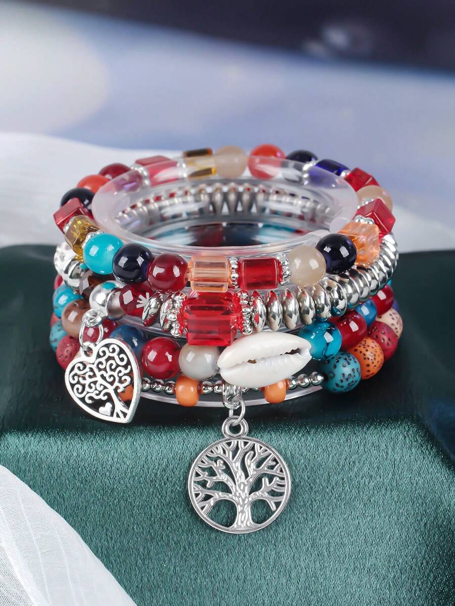 4pcs Elegant Heart Life Tree Shell Pendant Beaded Bracelets, Suitable For Daily, Birthday, Party, Holiday - Colorful - View 1