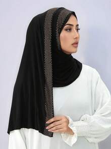 1 pieza Hiyab de mujer de unicolor con textura tejida y decorado con rhinestones, chal largo musulmán suave y cómodo de modal, versátil para uso diario, viajes, fiestas, fotografía - Multicolor - Ver 12