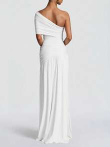 Elegant Women's Burgundy Bodycon Cocktail Dress With Stand Collar Asymmetrical Draped And Ruched Details Long Pencil Hem Medium Stretch Fabric Formal Wear - 白色 - 查看 4