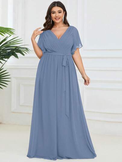 Plus Elegant V Neck Pleated Ruffle Sleeves Floor Length Dusty Blue Bridesmaid Formal Dresses