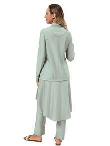 VFJ Women's Casual Crew Neck High-Waisted Burkini Three Pieces Set, Full-Coverage Hooded Swimwear. - Grey - View 6