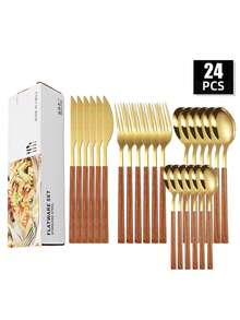 4/16/24pcs Stainless Steel Cutlery Set, Plastic Handle Faux Woodgrain Design, Suitable For Home Kitchen, Party, Wedding, Holiday Gift,Kitchen,Christmas Gift,School Supplies - Silver - View 8