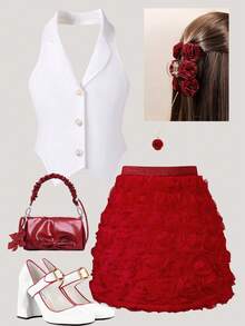 2pcs/Set Girls' Elegant Pearl Button Halter Top And 3D Rose Skirt Set, Spring/Summer - Red - View 1