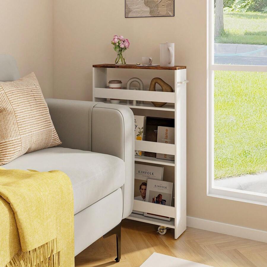 COSTWAY 4-Tier Slim Storage Cart, Narrow Mobile Serving Cart W/ Open Shelves, Rolling Kitchen Cart On Wheels, Space-Saving Slide-Out Utility Cart For Kitchen, Bathroom, Living Room, Brown - 棕色 - 查看 1