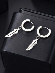 1 par de pendientes colgantes de pluma de acero inoxidable elegantes - Plateado - Ver 5