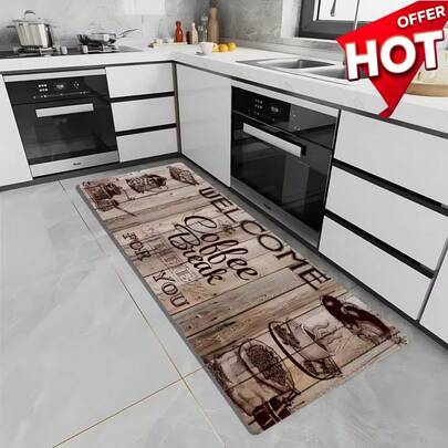 Tapete com Padrão de Alfabeto Hora do Café - Perfeito para Decoração de Cozinha, Corredor e Sala de Estar. Características: 1cm de Espessura, Lavável em Máquina, Antiderrapante e Especialmente Projetado com Padrões de Xícara de Café e Livro para uma Aconchegante Hora do Café. Inclui Tapetes de Chão para Entradas, Banheiros e Quartos.