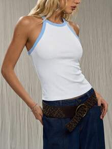 Faeriesty Women's White Sleeveless Stretch Ribbed Camisole With Y-Shaped Neckline Sky Blue Trim – Chic Casual Vacation Style Ideal For Summer Outings, Beach Vacations, Casual Gatherings, City Walks - White - View 3