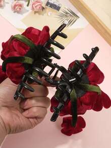 1pc Women Velvet Rose Flower Ribbon Hair Clip, Suitable For Daily Wear And Party Occasions - Red - View 6