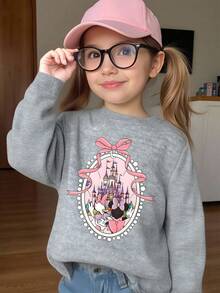 1pc Disney Minnie Mouse Polka Dot Bow & Disney Castle Firework Commemorative Print Tween Girls Cute Sweatshirt, Soft & Skin-Friendly, Ideal For Disney Park Visits And Daily Casual Wear - Xám - Xem 2