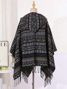 1件几何图案条纹流苏连帽斗篷披肩 - 彩色 - 查看 5