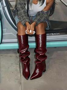 Shark Boots Women's Knee High Boots Fold Over Boots Slouchy Chunky High Heels Shoes Wide Calf Pointed Toe Shoes - 紅色石頭紋 - 查看 3