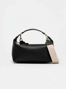 Women's Bowling Ball Shaped Handbag, Fashionable Shoulder Bag With Adjustable Strap, Canvas & PU Leather Small Square Crossbody Bag - Black - View 7