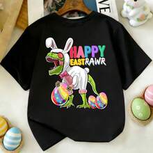 Young Girl Easter Dinosaur T-Shirt, Happy Eastern Prairie Tyrannosaurus Rex Dinosaur Easter Bunny Egg Print Casual Round Neck Short Sleeve Children Clothing - Black - View 15