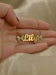 1set Personalized Customized Butterfly Zirconia Jewelry Set, Bracelet+Necklace Set, Butterfly Zirconia Inlay, Stainless Steel Customized Jewelry Set, Comes With Gift Box As Valentine's Day, Mother's Day, Ramadan Gift - Gold - View 6