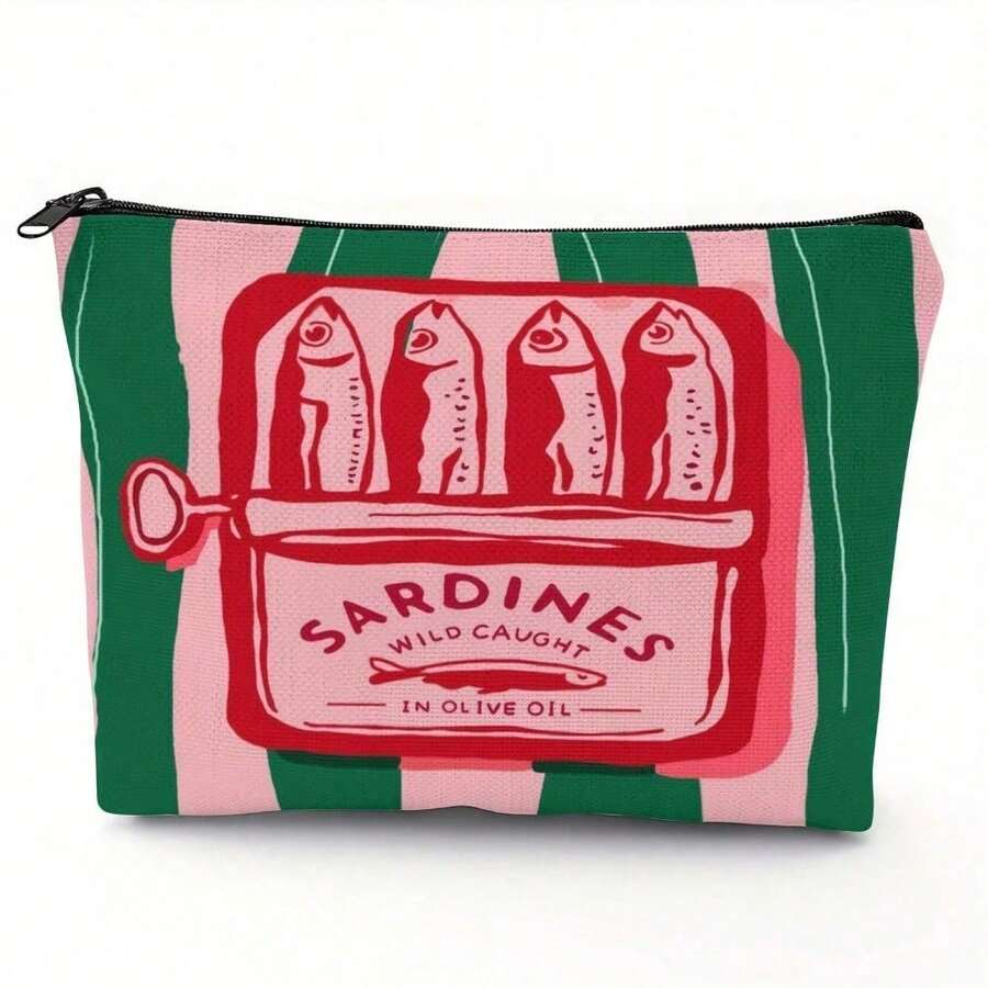 Retro Sardine Pattern Unisex Foldable Cosmetic Bag, Spacious Zipper Pouch, Versatile Toiletry Bag, Travel Essential, Coin Purse, Pencil Case, Great Gift For Family, Friends, Teachers For Children's Day, Halloween, April Fools' Day, Back To School, Graduation, Thanksgiving, Birthday, Party - 綠色 - 查看 1