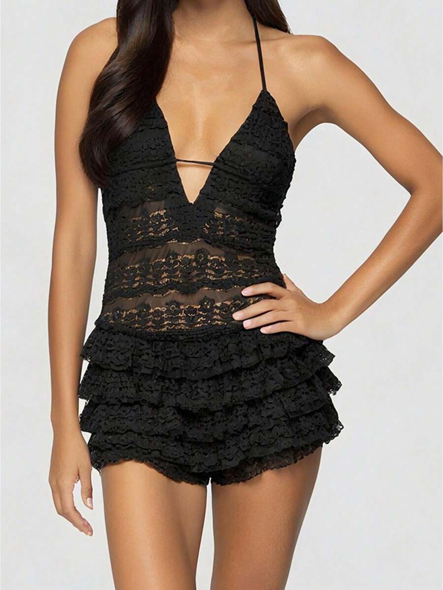 Women Lace Halter Neck Jumpsuit Slim Sleeveless Open Back Layered Ruffled Shorts Romper - Black - View 1
