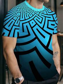 3D数码印花渐变蓝至藏青色迷宫图腾图案宽松圆领卫衣，适合街头服饰、派对和日常通勤，展现独特的几何美学和个人风格。 - 彩色 - 查看 5