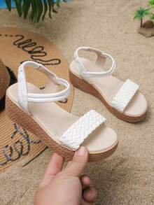 1 Pair Girls' Summer Wedge Platform Sandals, Slip-On Comfortable Anti-Slip Versatile Minimalist Casual Open-Toe Sandals, Lightweight For School And Daily Wear, Fits Small One Size - White - View 1