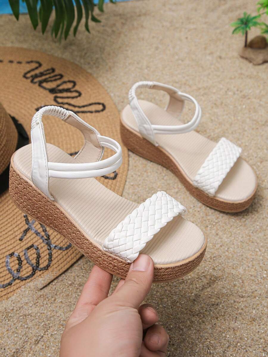 1 Pair Girls' Summer Wedge Platform Sandals, Slip-On Comfortable Anti-Slip Versatile Minimalist Casual Open-Toe Sandals, Lightweight For School And Daily Wear, Fits Small One Size - White - View 1