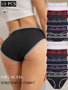10 Peças/Pacote Calcinhas Elegantes de Cintura Alta com Estampa Floral Feminina, Suave, Respirável, Elástica e Confortável para Uso Diário com Acabamento em Renda - Multicolorido - Visão 3