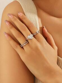 3pcs/Set Fashionable Silver Heart Woven Textured Geometric Rings Set For Women, Innovative Design, Lightweight & Luxurious, Open Rings - Silver - View 3