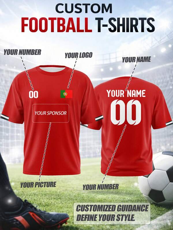 Camiseta de fútbol personalizable para hombres de talla grande - Portugal, cuello redondo, material transpirable y de secado rápido, adecuado para partidos de equipo, entrenamiento, deportes, uso casual, animación, regalos para la temporada deportiva de primavera/verano