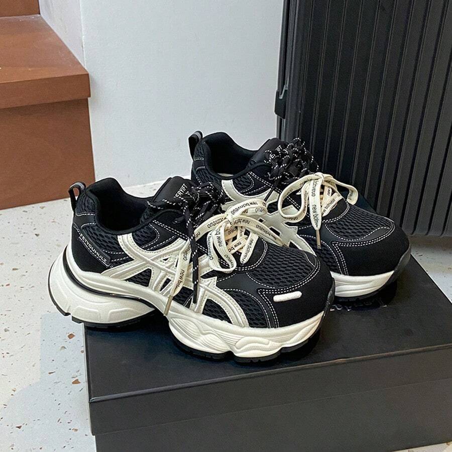 2026春季新款女士厚底运动鞋，百搭轻便透气休闲厚底运动鞋 - 黑色 - 查看 1