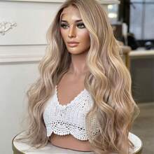 2026新款时尚蕾丝假发，女士铂金色，带灰棕色发根，自然发际线，合成纤维，蓬松深波浪蕾丝前假发，13x4预拔毛，无胶，适合角色扮演、派对、日常佩戴，女士、女孩、女性，顶级假发 - 彩色 - 查看 9