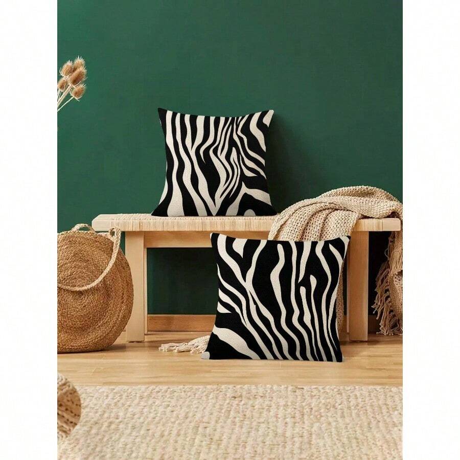 2pcs/Set Modern Style Black And White Zebra Pattern Linen Decorative Pillow Cover, 45cm*45cm/17.72in*17.72in Square, Single Side Printed, Soft And Comfortable, Suitable For Daily Home Decoration (Pillow Core Not Included) - 黑與白 - 查看 1