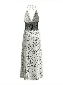 Women Long Satin Halter Dress Dot Print Lace Patchwork Sleeveless Backless Slim Fit Dress For Daily Party Club - màu đen - Xem 10