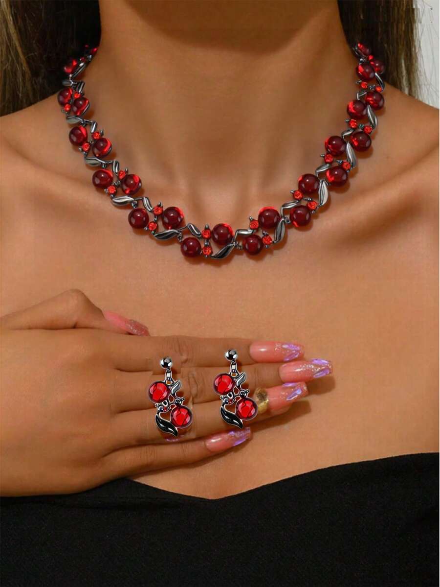 Bộ trang sức 3 món sang trọng dành cho nữ, đính pha lê đỏ, gồm dây chuyền và bông tai, mạ vàng, thích hợp cho tiệc tùng, đám cưới, làm quà tặng cho bạn gái, mẹ.