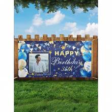 1pc Personalized Couples, Family, Friends Birthday Celebration Wall Tapestry, Men's Style With Photo, Blue, Gold, White Balloons, Ribbons And Text Decorations, Birthday Party/Living Room/Bedroom/Office Home Decor, Wall Hanging, Custom Tapestry, Custom Flags, Room Decor, Tapestry, Breathable,Lightweight,Washable,Cute,Love,Cozy,Soft,Comfortable,Simple,Custom,Personalized,Unique,Him,Her,Boyfriend,Girlfriend,Dad,Mom,Family,Friends - 彩色 - 查看 3