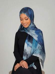1件长款丝滑印花披肩，穆斯林高端渐变大理石纹印花优雅女士头巾，适合搭配连衣裙 - 多色1 - 查看 9