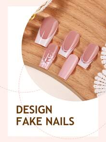 French Flower Acrylic Nails 24Pcs Medium Square Press On Nail Tips, DIY Art Pink Fake Nail Set For Nail Salons Girls And Women Nail Supplies For Daily Wear, Holiday Parties, And Gifts - Multicolor - View 3