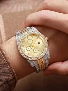 1件时尚简约罗马数字表盘全水晶不锈钢石英表，适合日常佩戴、生日、送礼、周年纪念、光棍节、万圣节促销等场合，不含礼盒 - 金色 - 查看 3