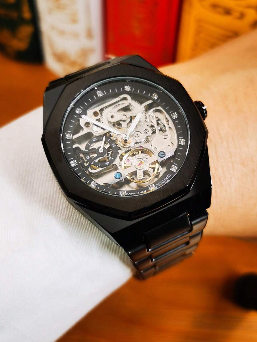 FORSINING 1件男士时尚镂空自动机械表，带夜光指针，奢华品牌镶钻男士腕表，含礼盒