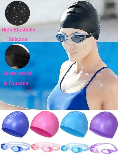 1 Set Silicone Anti-Slip Swim Cap + Swim Goggles, Multiple Colors Available, Suitable For Long/Short Hair, Waterproof, Adjustable Swim Goggles For Pool, Beach, Swimming Training